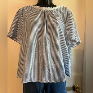 Blue & White Striped Blouse w/ Lace Trim – Size 1X